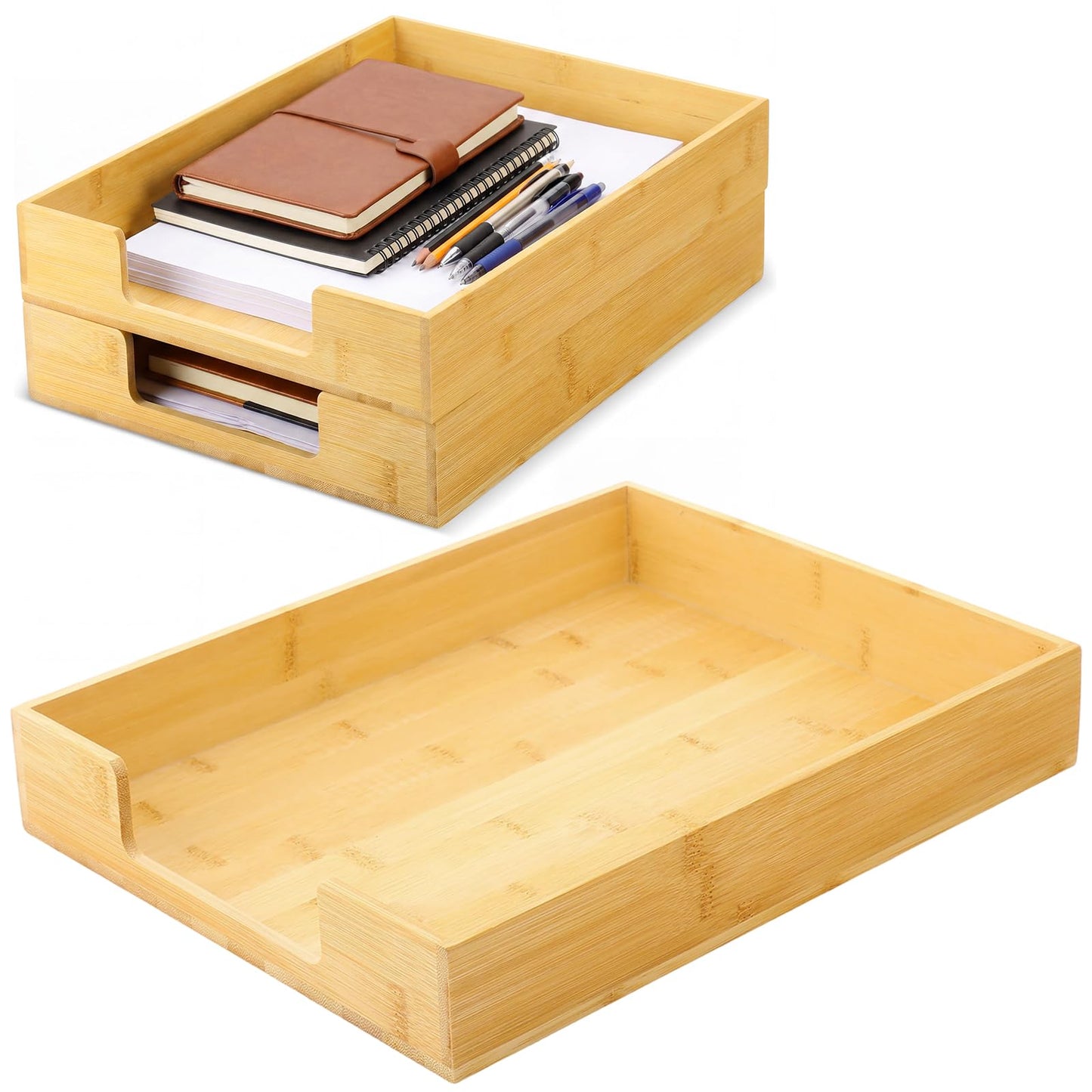 Mifoci 2 Pcs Wood Letters Tray Bamboo Stackable Paper Organizer Letter Tray, Desktop File for A4 Documents, Wooden Office Paper Holder Stacking for Home School Workspace