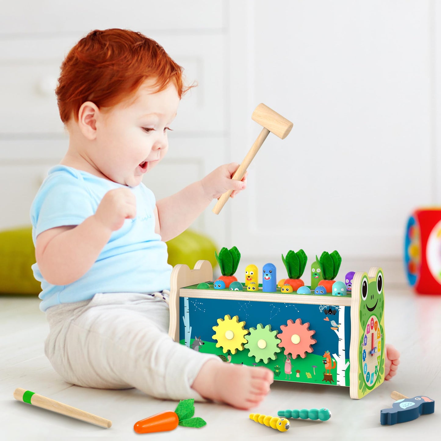 Amtreen 6-IN-1 Wooden Montessori Toys for 1 Year Old, Mole-Tapping Game | Play the Xylophone | Frog Clock | Carrot Harvest Game | Spinning Gear, Toddler Toys Aged 1-3, Baby Toy Gift for Early Learning