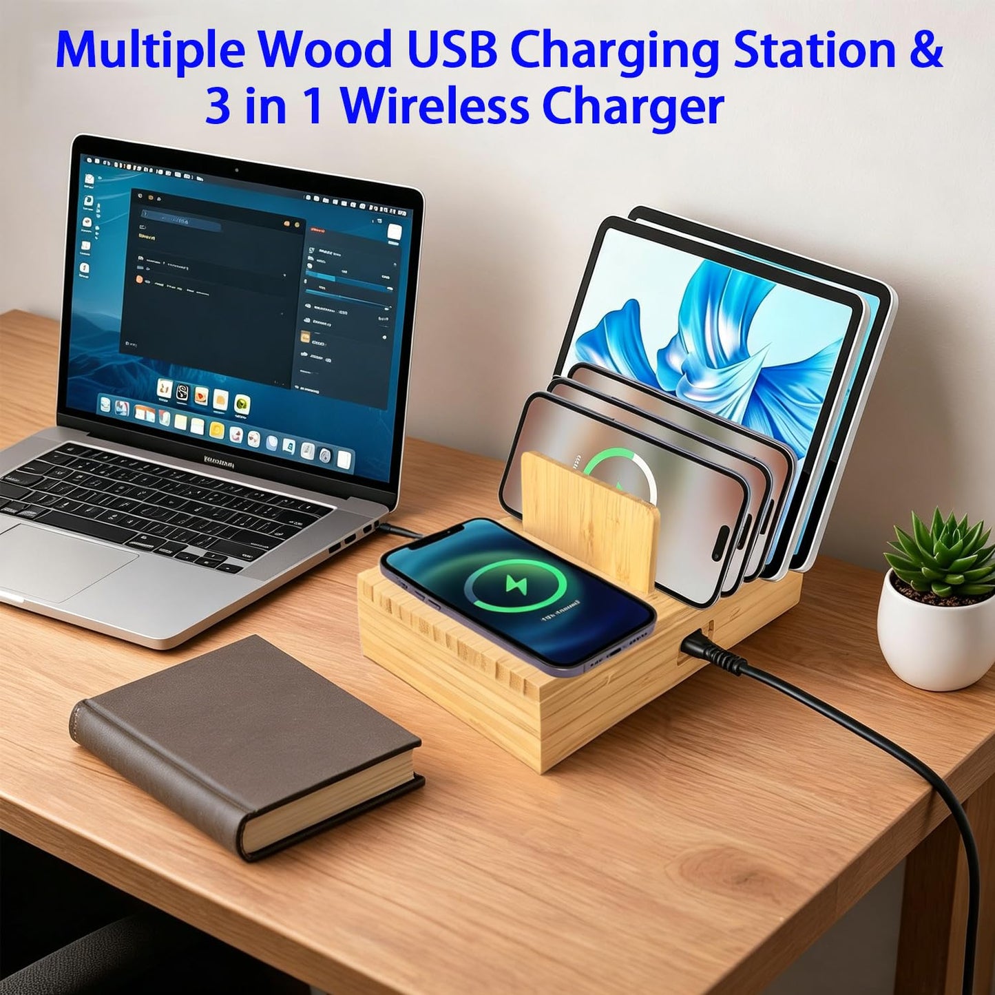 Xunhonom 6 Port USB Charging Station for Multiple Devices PD 100W Bamboo Charging Station Organzier with Detachable 15W 3 in 1 Wireless Charger Station for iPhone Android Apple Watch AirPod Tablet