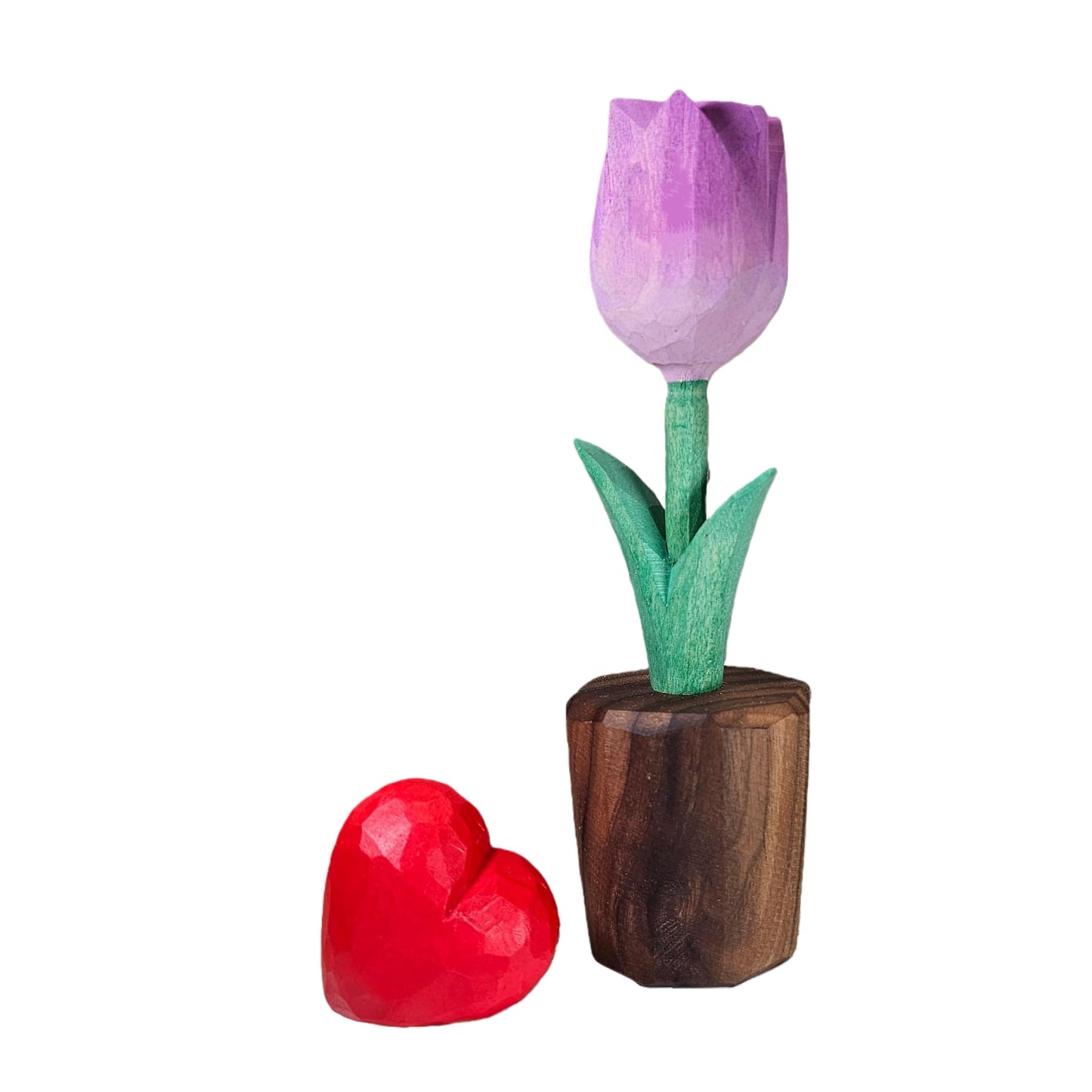 Hand Carved Wooden Tulip Flower with Red Heart Figurine in Gift Box - Everlasting Wood Sculpture for 5th, Valentine’s Day - Painted Faceted Floral Art (Lavender Purple)