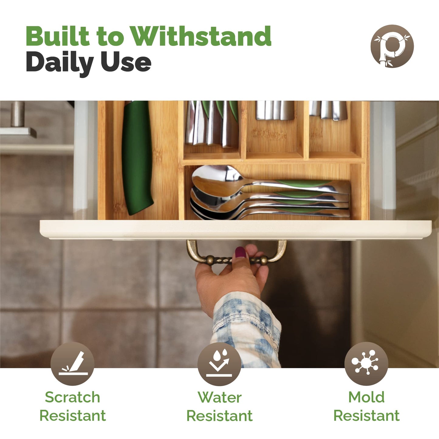 Pristine Bamboo Silverware Organizer - Small Extra-Deep Wooden Kitchen Drawer Organizer Divider for Spoons, Forks, Knives & Cutleries - 5 Slots