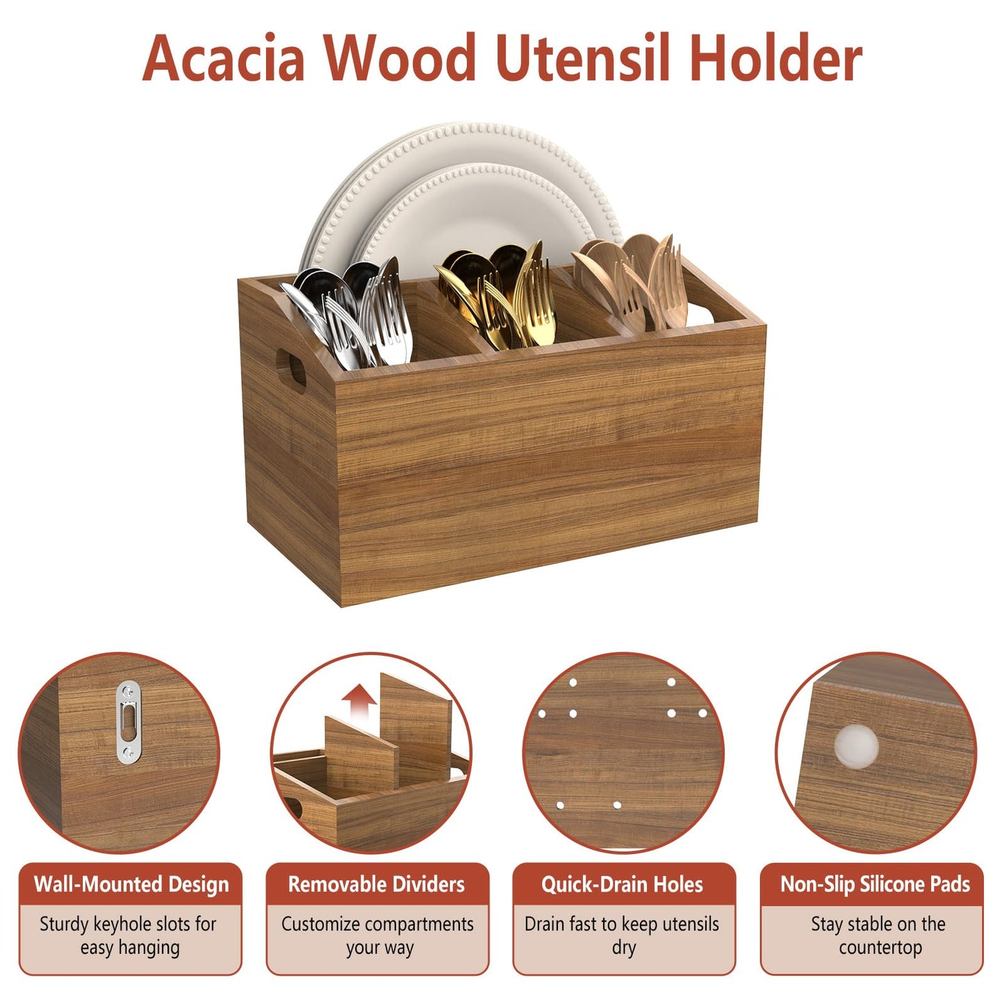 COAZEX Wooden Kitchen Utensil Holder for Countertop or Wall, Extra Large Acacia Wood Utensil Holder Organizer with 5 Compartments, Rustic Utensil Caddy for Cooking Tools & Silverware