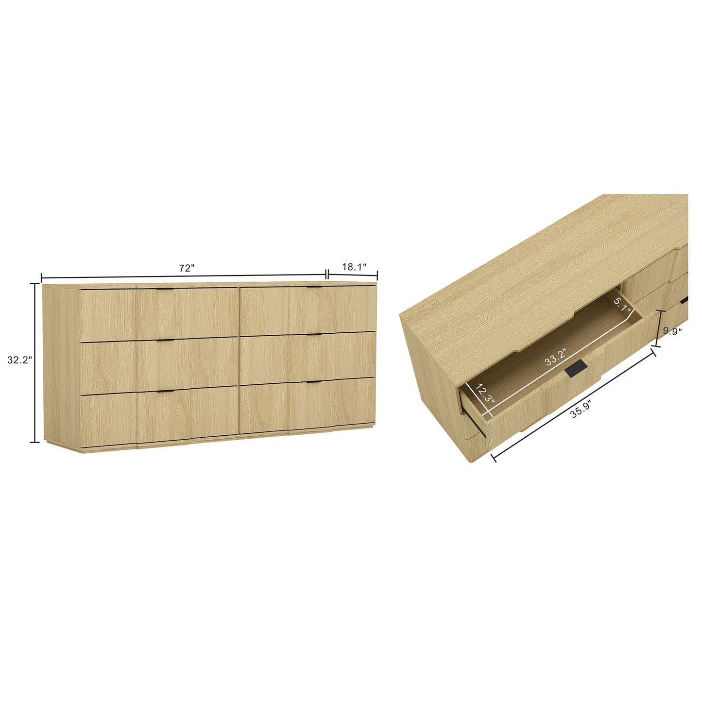 Manhattan Comfort Clive 72” Modern 6 Drawer Dresser, Wide Chest of Drawers with Sculpted Fluted Front & Accent Recessed Handles, Doubles as 70” TV Stand, Natural Oak
