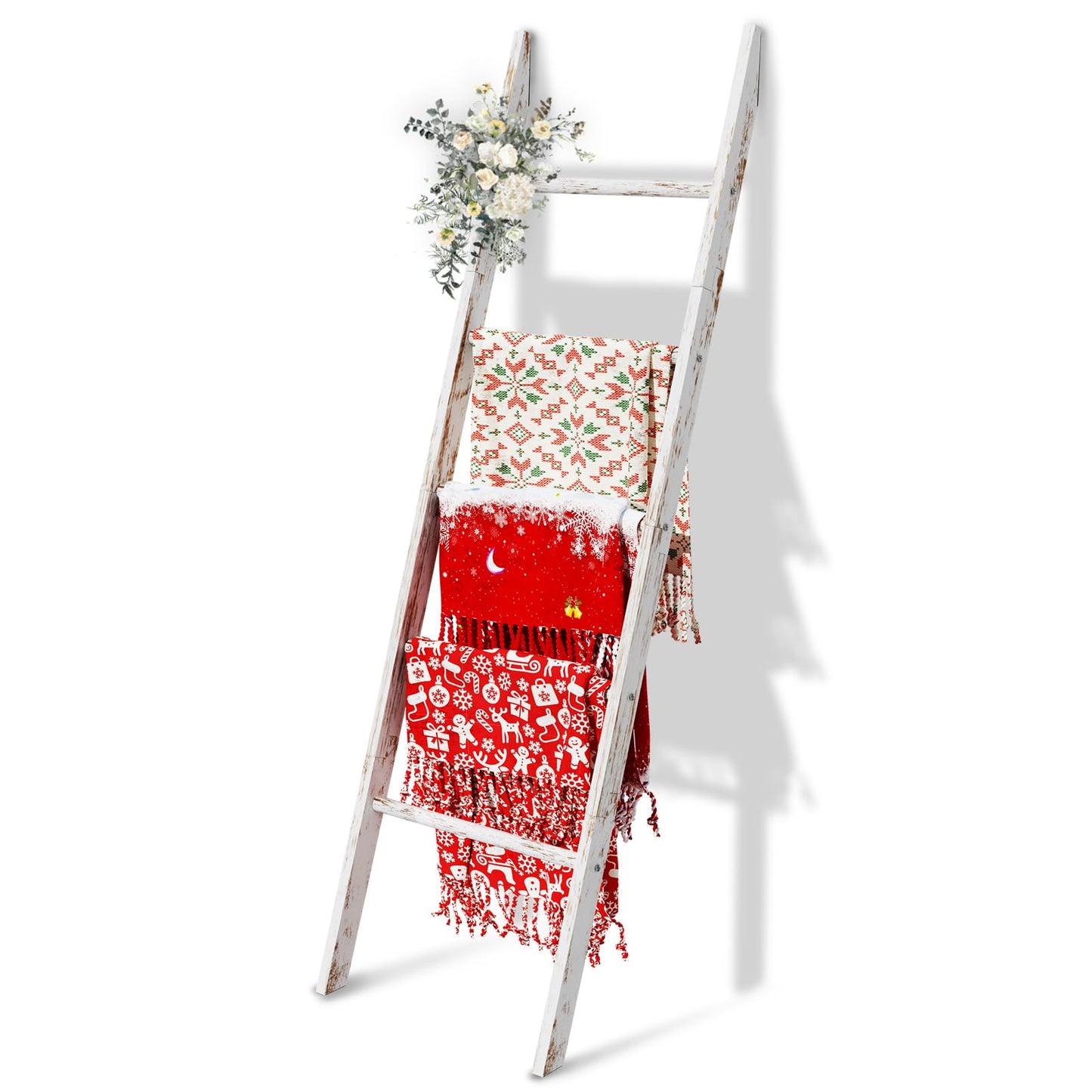 5-Tier Blanket Ladder Wooden, 5.3FT(63'') Blanket Quilt Holder Rack Decorative Ladders, Easy Assembly, Rustic Farmhouse Ladder Shelf for The Living Room Bedroom Bathroom Home Decor, White Wash