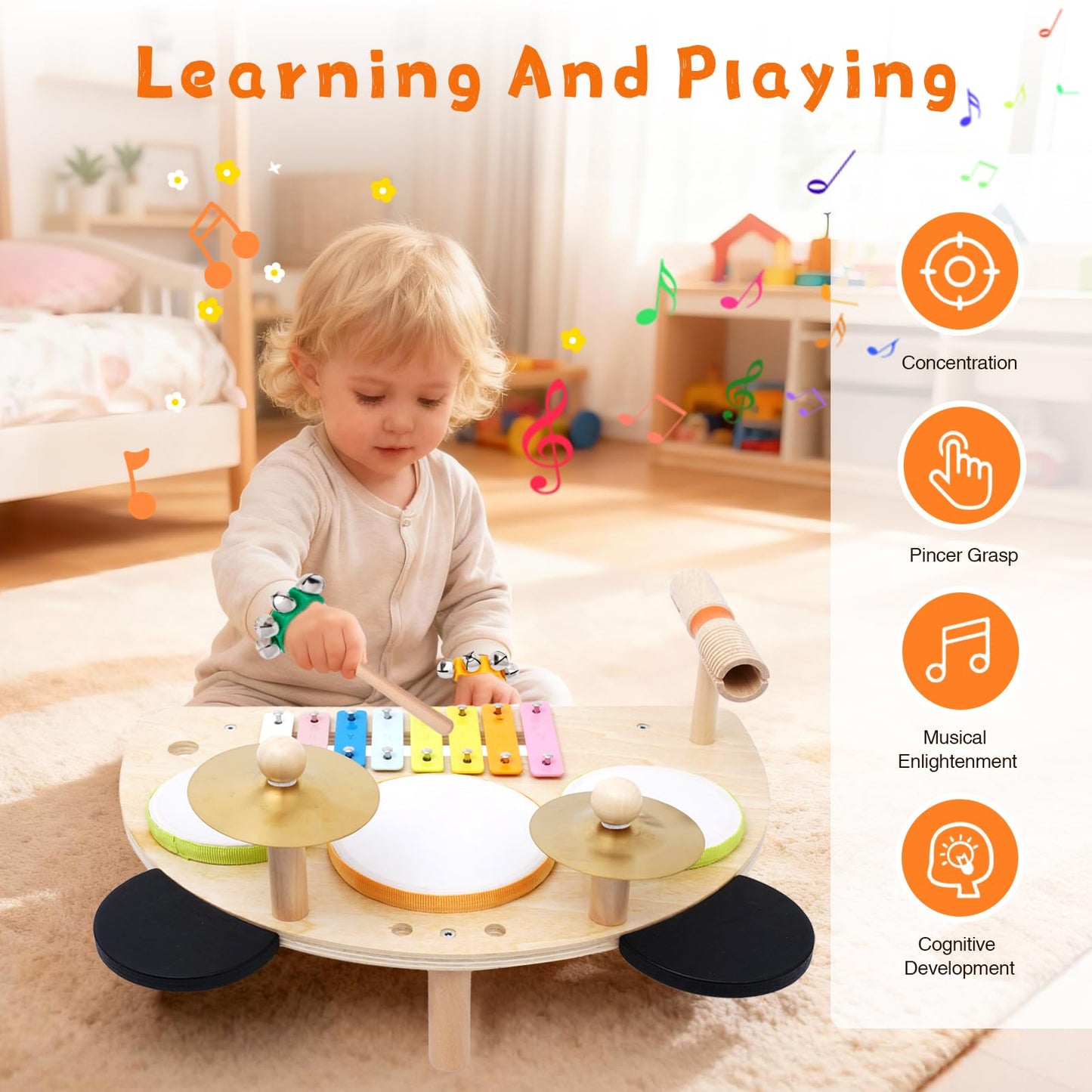 Kids Drum Set, Montessori Musical Instruments for Toddlers 1-6, Wooden Toys Montessori Music Table, Xylophone Drum Kit, Birthday for Boys Girls