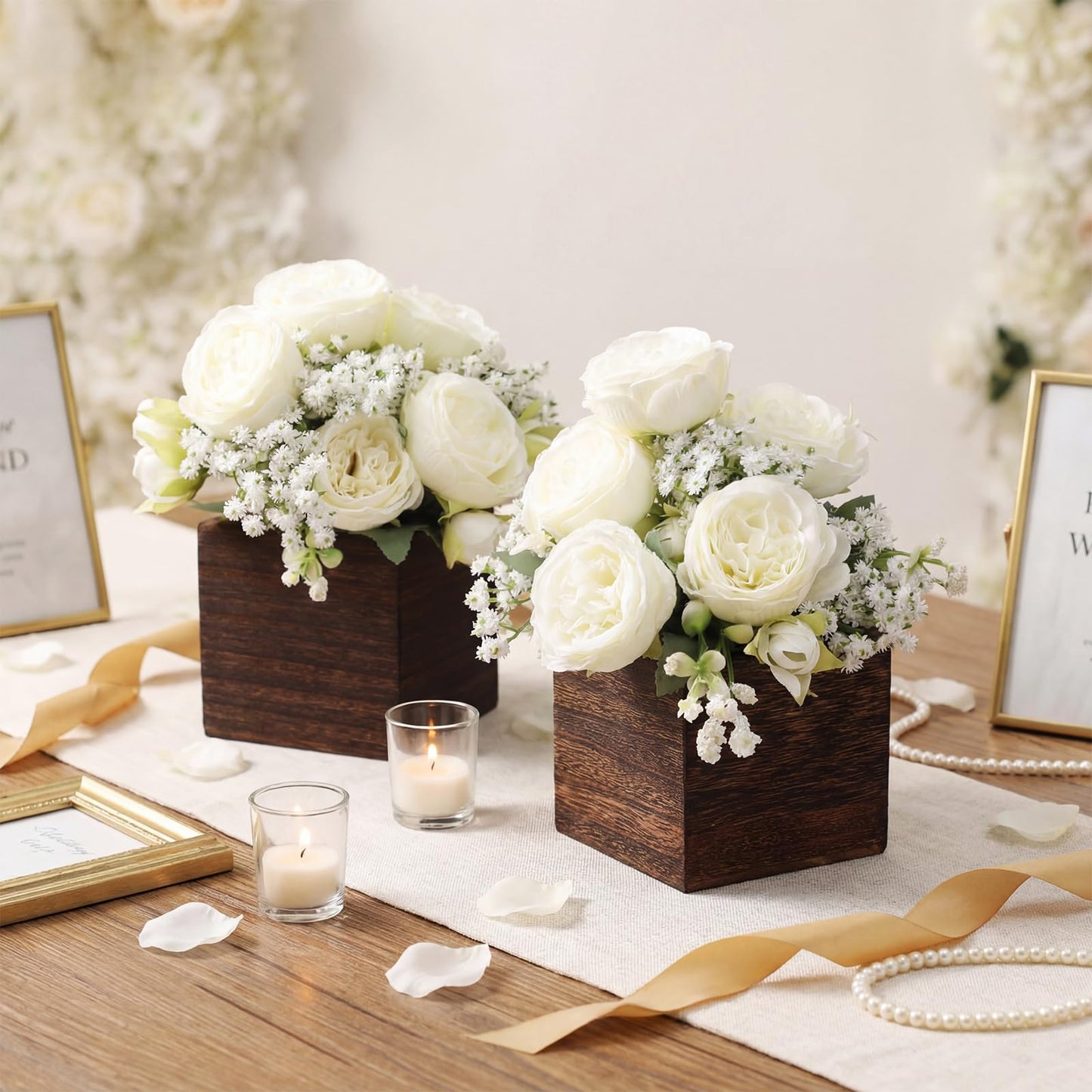 Suncalla 6 Sets Artificial Peonies Flowers Table Centerpieces with Wooden Cube Planter Box Wedding Floral Arrangement 4 x 4 Square Wood Vase for Bridal Party Home Table Decor(White)