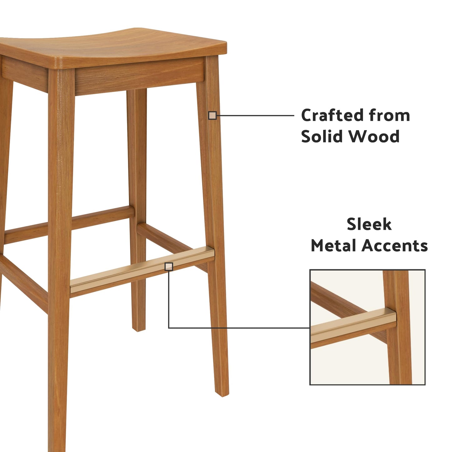 Plank+Beam Smythe Bar Stool, Set of 2, 30", Sturdy Wood Modern Kitchen Bar Height Stool, Saddle Seat Backless Bar Chair, Metal Footrest, Pecan