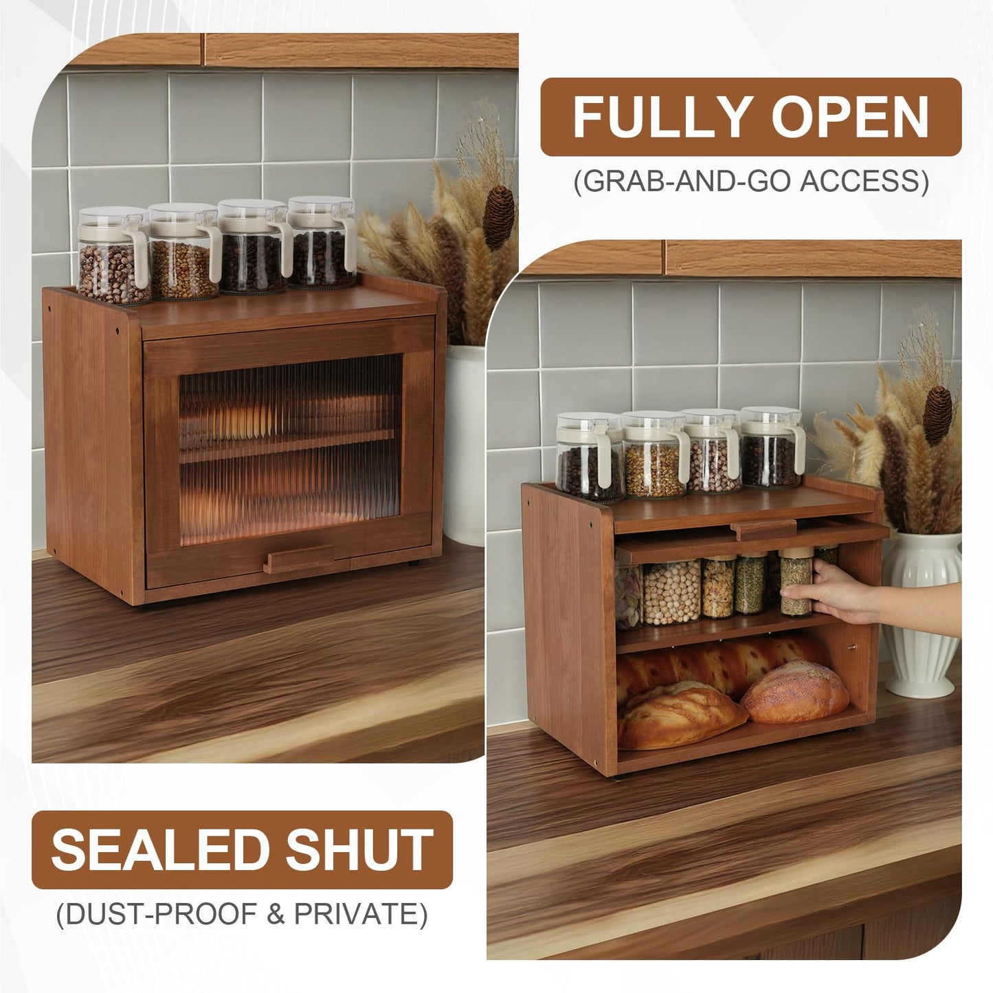 OCSERMIR Wooden Bread Box for Kitchen Countertop, 2 Tier Bread Storage Container with Acrylic Door, Adjustable Shelf, Ventilation Holes, Brown
