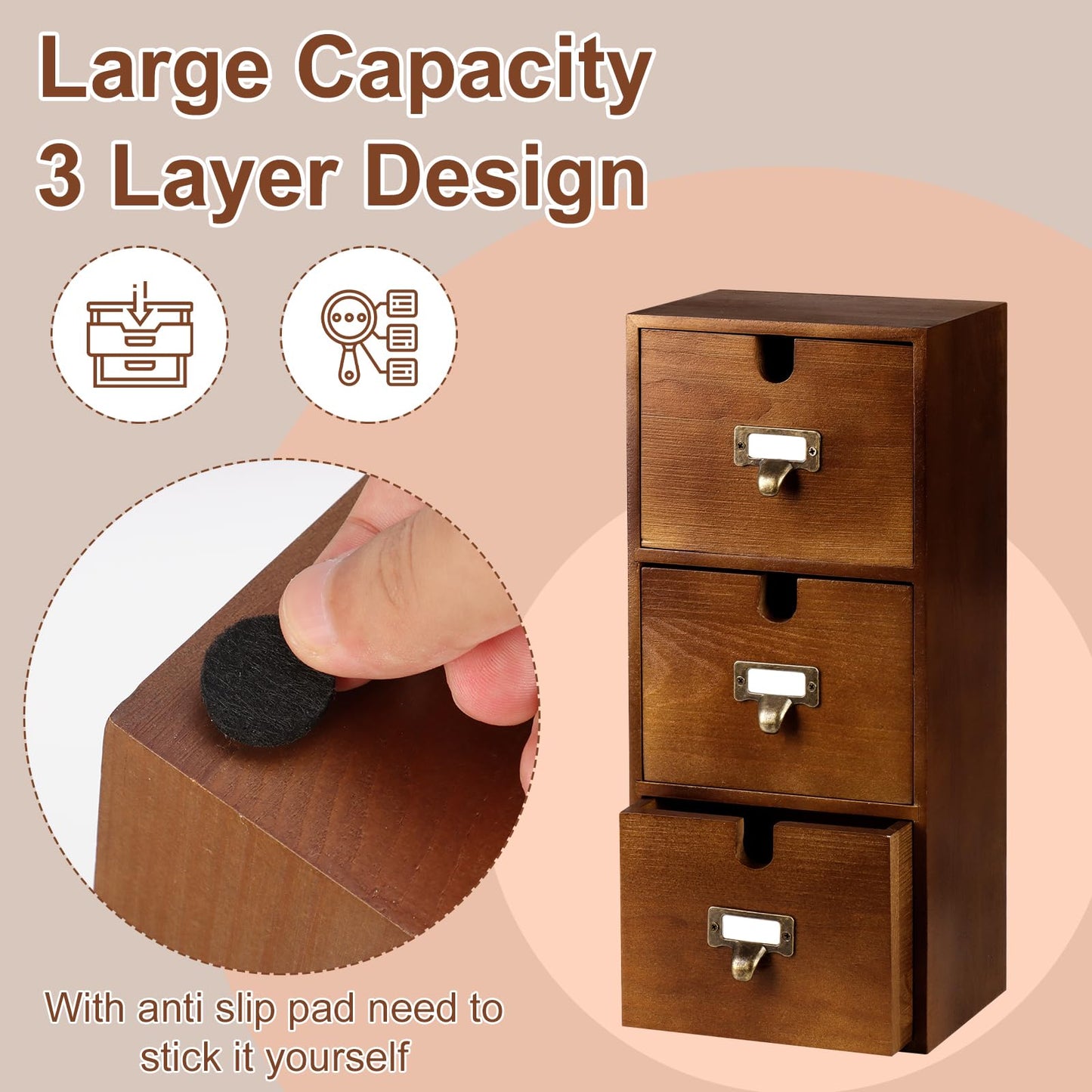 DLUGOPIS 3 Tier Index Card Holder 3x5 Wooden Card Catalog Box with 3 Drawers Brown Index Card Storage Box Flash Card Holder 25 Index Card Dividers 2 Letter Smile Stickers for Office