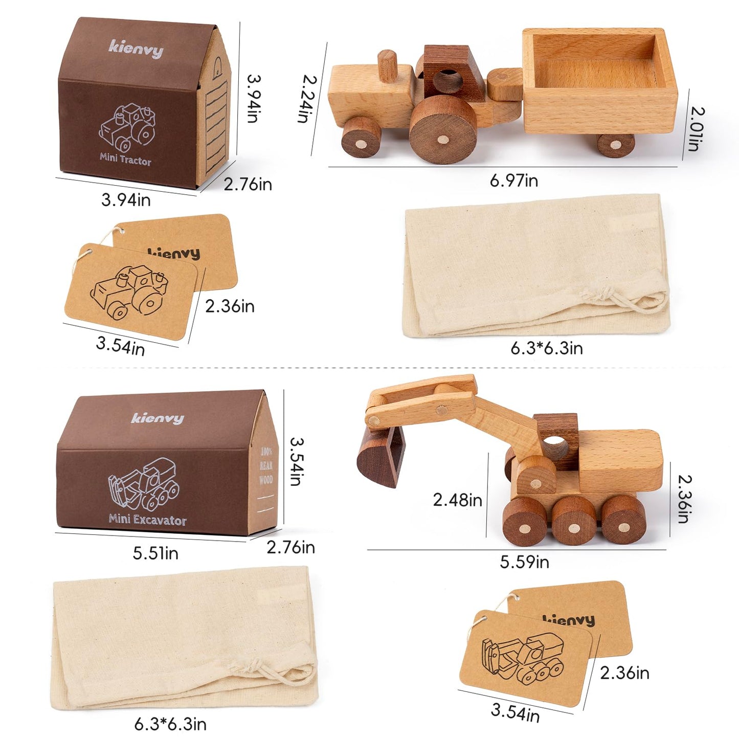 kienvy Wooden Toy Cars for 3 Year Old Boys & Girls - Construction Vehicles Set Push Toys for Toddlers, Wood Montessori Car with Rolling Wheels, Natural Wood Toys (Excavator & Tractor)