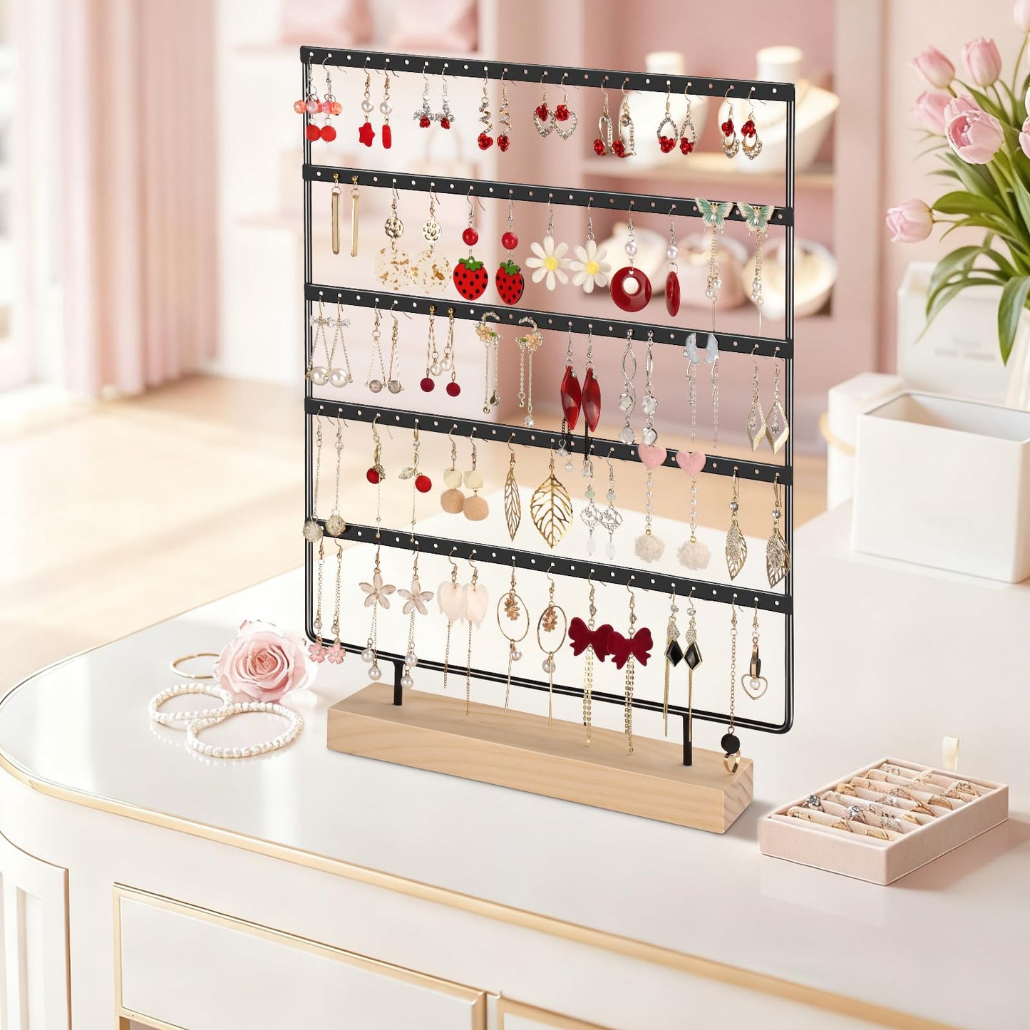 shidaishiye Earring Holder Organizer, 5-Tier Earring Organizer with 60-Pair Capacity, Wooden Base Metal Earring Display, Jewelry Storage & Display for Home Store, Suitable for Women