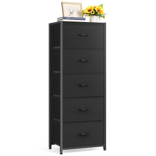 MOOACE 5 Drawer Dresser for Bedroom, Tall Fabric Storage Drawers, Tower Organizer Unit Chest of Drawers with Wooden Top for Closets Living Room Hallway Entryway, Metal Frame, Black