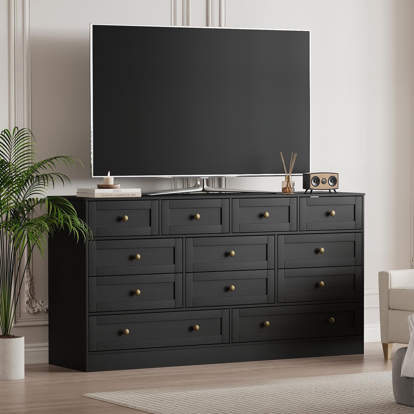 Garvee Wooden Dressers for Bedroom with 12 Drawer, Black Dresser for Adult Bedroom, Modern Wood Chest of Drawers for Living Room, Closet, Hallway, Farmhouse TV Stand Dresser for 75" TV, 61" W×31.5" H
