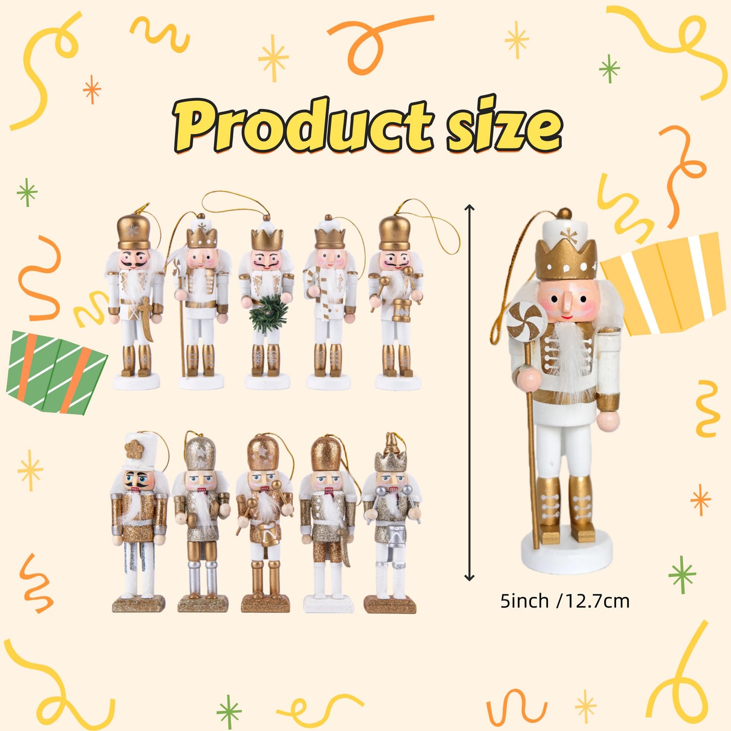 10 Pcs Mini Christmas Nutcracker Ornaments Set Classic Small Wooden Bulk Nut Cracker Figure Decor Wood Miniature Toy Soldier Christmas Tree Topper Decorations, White Silver Glitter Gold, 5 Inch