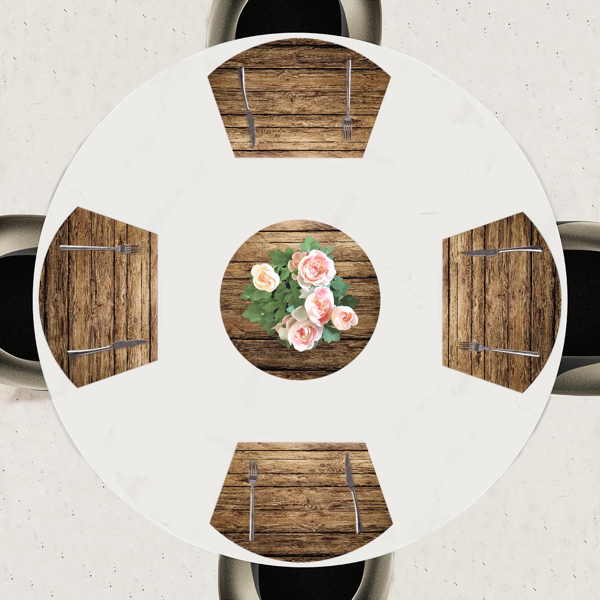 Khaki Wooden Texture Placemats for Round Tables Set of 5, Wedge Shaped Place Mat with Round Centerpiece Mat Washable Heat Resistant Non-Slip Dining Table Mats for Home Kitchen Christmas Decoration