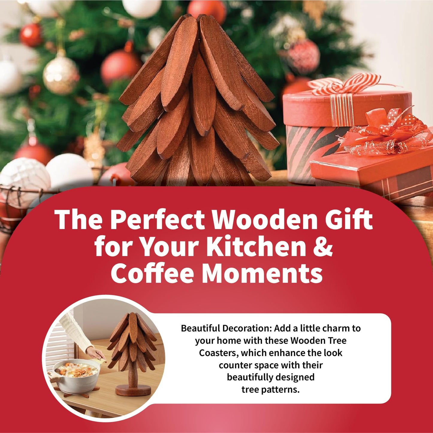 HADARIS Wooden Tree Trivet Set for Hot Dishes - 3 Pcs Foldable Heat Resistant Wood Coasters, Natural Walnut Finish Pot Holders for Kitchen Countertops and Dining Table, Unique Tree-Shaped Decor