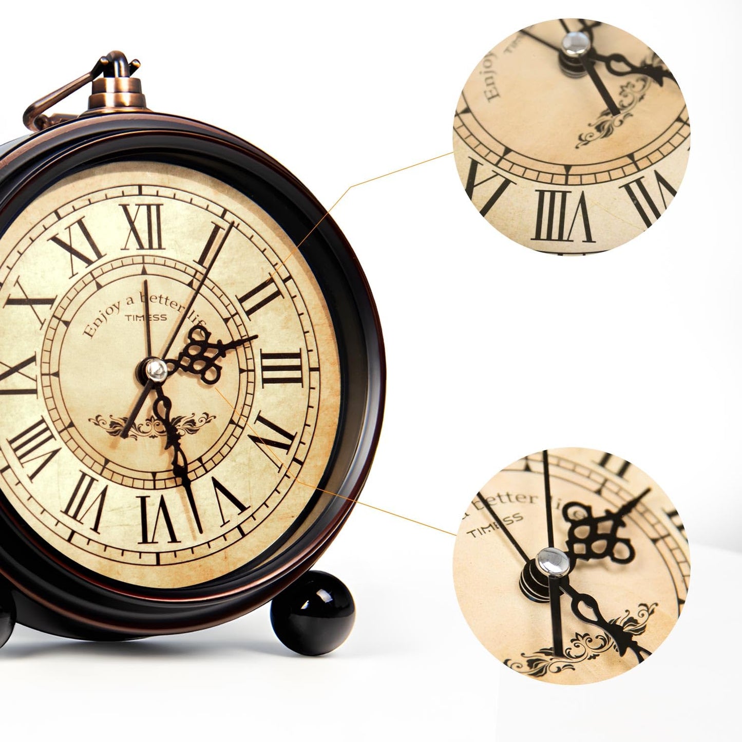 TIMESS Vintage Analog Alarm Clock, 4.3" Silent Non-Ticking Quartz Desk Clock with Roman Numerals, Battery Operated Table Clock for Bedroom, Living Room, Office, or Gift (White)