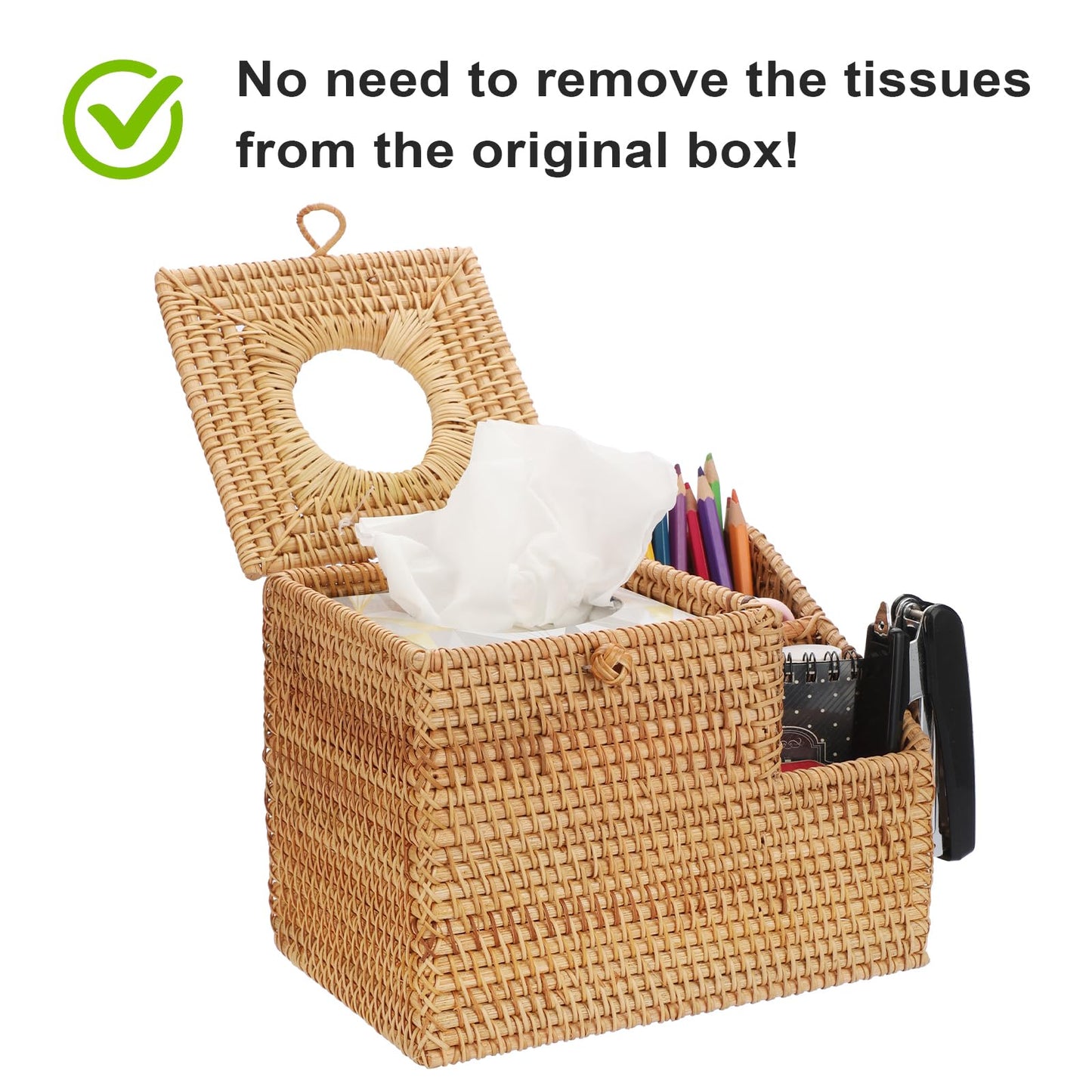 Sumnacon Tissue Box Square Tissue Box Cover with Storage Rattan Tissue Box Holder with 2 Side Organizer,Wicker Tissue Cover Cube Tissue Holder for Bathroom Living Room Table Desk Office