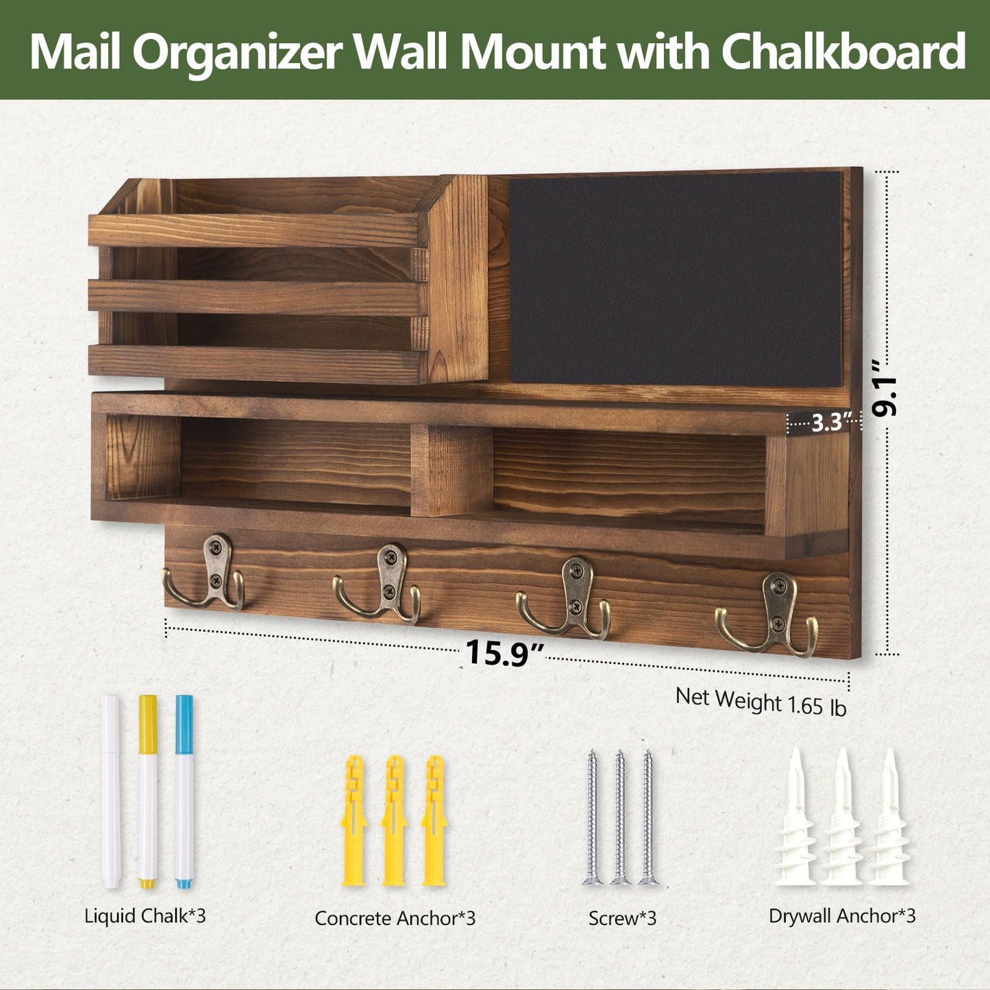 FIPUTE Key Holder for Wall, Wall Mounted Mail Holder Wooden with Shelf & 3 Liquid Chalks & Chalkboard, Mail Sorter Organizer, Rustic Home Decor (15.98”W x 9.1”H x 3.3”D), Burnt Brown