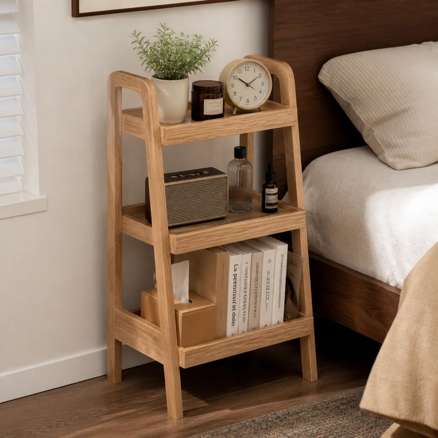 Vadisun 100% Solid Oak 3 Tier Ladder Shelf, Small Bookshelf, Ladder Bookshelf, Bookcase with Stable Frame, Small Table for Living Room Bedroom(Natural, 12.6" L x 17.72" W x 31.5" H)