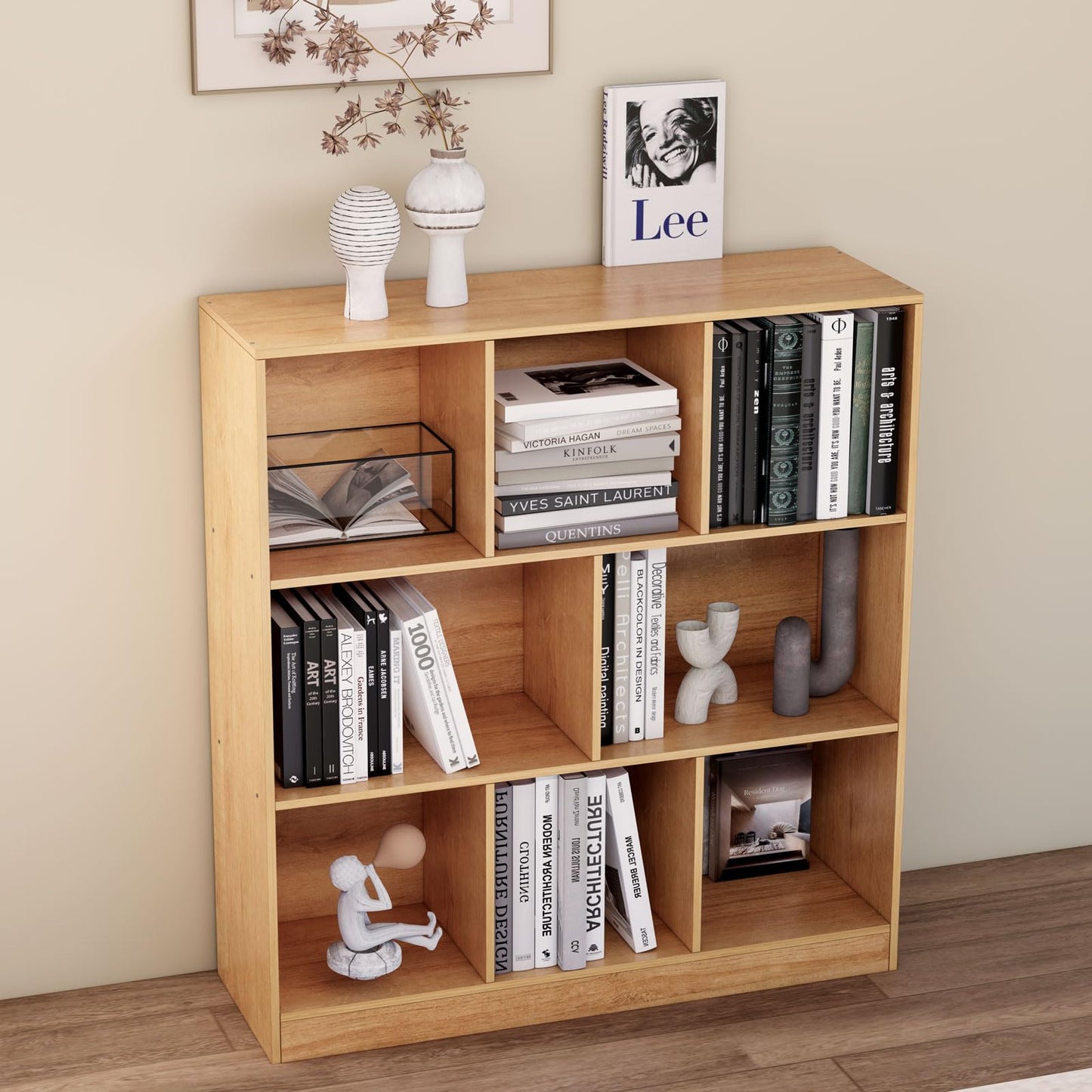 NewBeth 8-Cube Wooden Bookshelf with Base,3-Tier Freestanding Open Storage Organizer,Multi-Functional Bookcase for Living Room,Bedroom,Study and Office (Oak, 8-Cube)