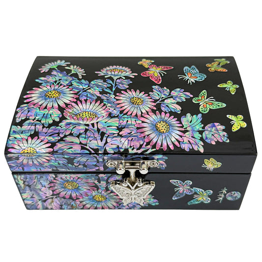 Nacreh Mother of Pearl Inlay Jewelry Box, Wooden Trinket Organizer with Compartments for Rings, Necklaces, Decorative Keepsake Gift for Women (Chrysanthemum)
