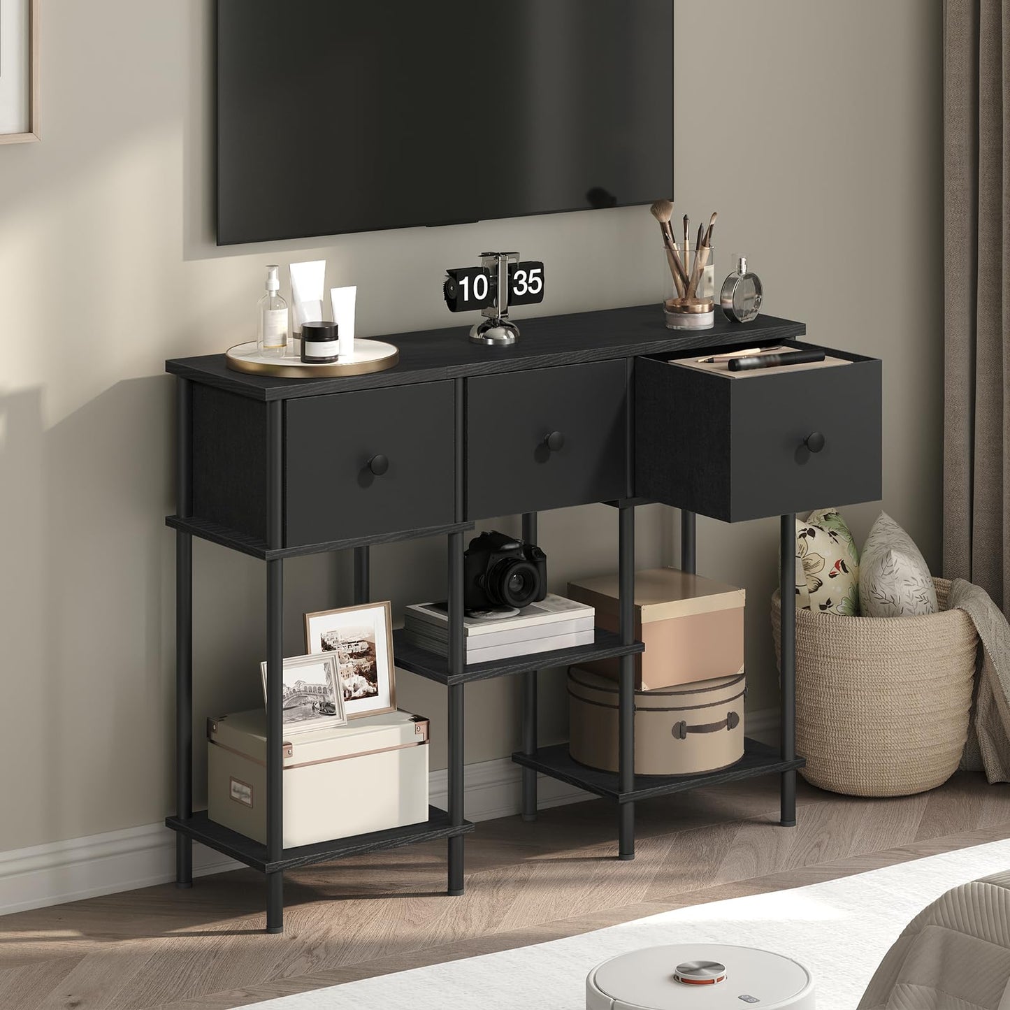 YATINEY TV Stand with 3 Fabric Drawers, Tall TV Stand, 3-Tier Media Console Table with Wooden Shelves, Entertainment Center, for Bedroom, Living Room, Home Office, Black DS15BB