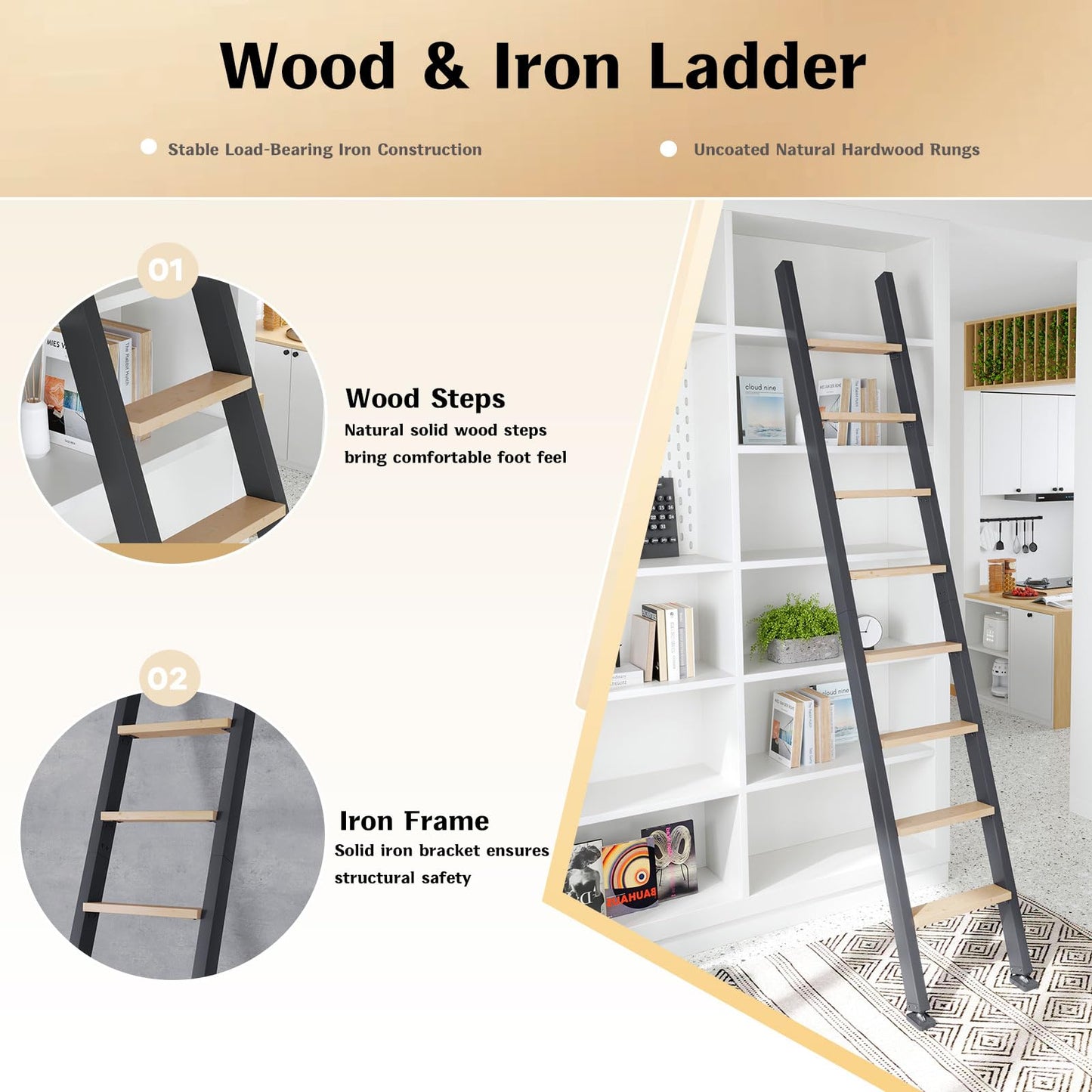 Fredbeck 9ft,108in Library Ladder Carbon Steel Frame Wooden Step,for Loft