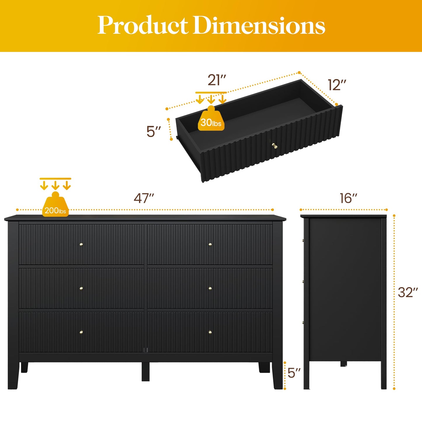 May in Color Black Fluted 6 Drawer Cabinet, Modern TV Console Table, Wood Entryway Table for Storage, Wooden Sideboard Cabinet for Bedroom, Hallway, Living Room