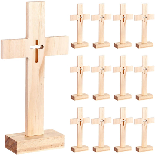 Suzile 12 Pieces Christmas Nativity Wooden Cross Unfinished Wood Tabletop for Crafts Standing Centerpieces Easter Church Sunday School First Communion Baptism Decorations (Hollow Out)