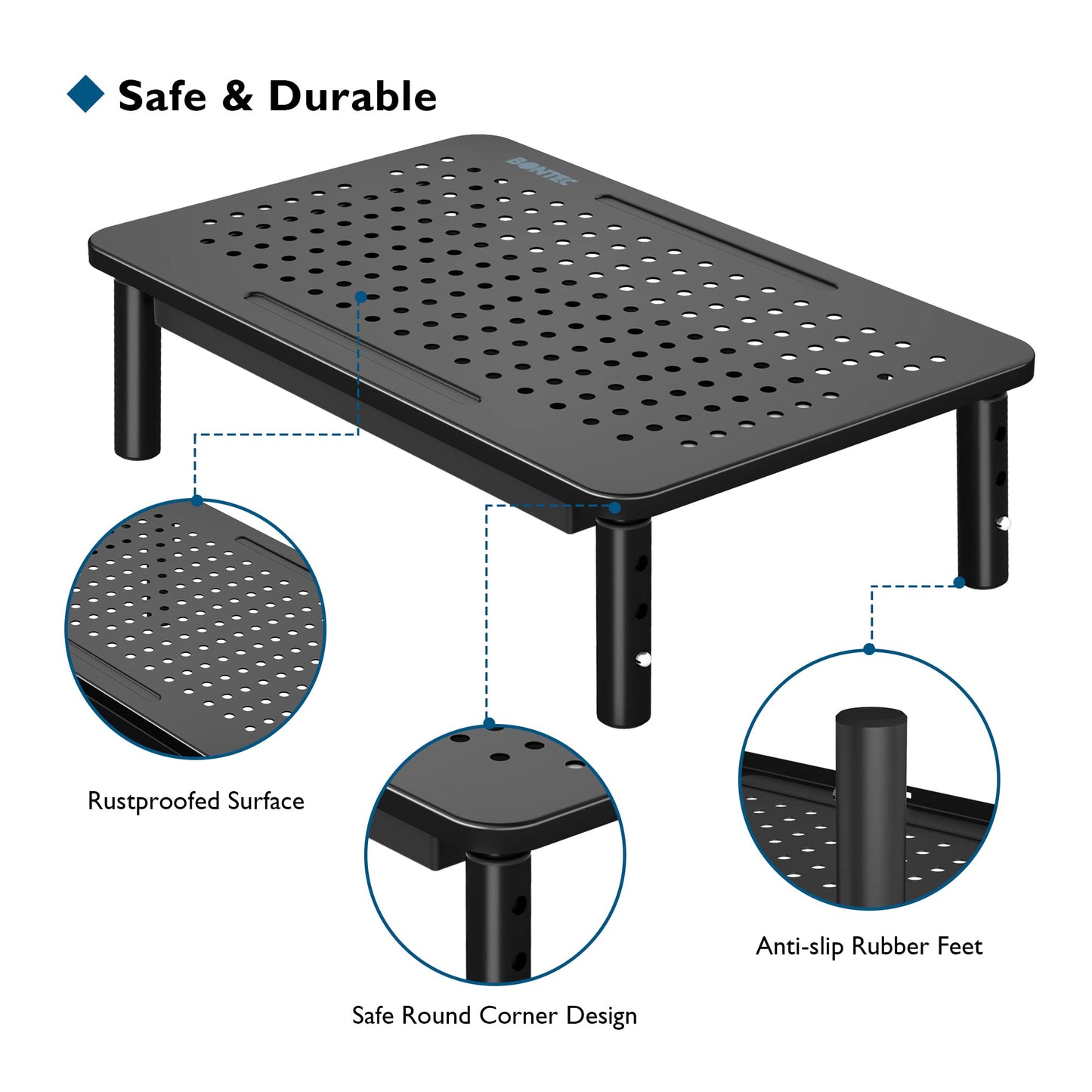 BONTEC 1 Pack Adjustable Monitor Stand Riser with Drawer, Ergonomic Mesh Platform Computer Monitor Stand for Desk, Ventilated Laptop and PC Stand with Cable Management, Supports up to 44lbs