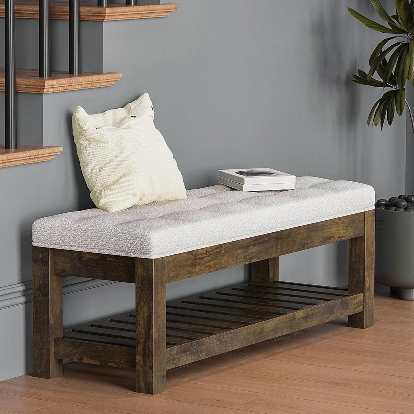 Welfuturer Large Upholstered Ottoman Bench Entryway Storage Benches Tufted Linen Ottoman Bench with Wood Shelf Padded End of Bed Bench for Bedroom Living Room Hallway Decor