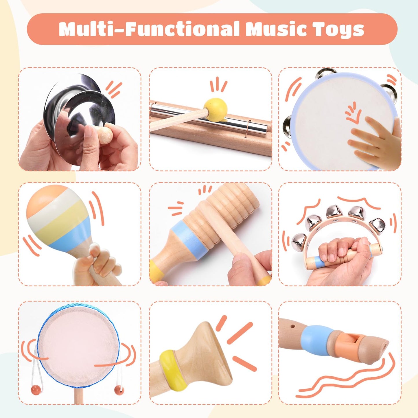 Baby Musical Instruments for Toddlers 1–3, Montessori Wooden Music Set with Drum Flute Clarinet Bells Cymbals, Toddler Musical Instruments Educational Kids Toys Birthday Gifts for Boys Girls