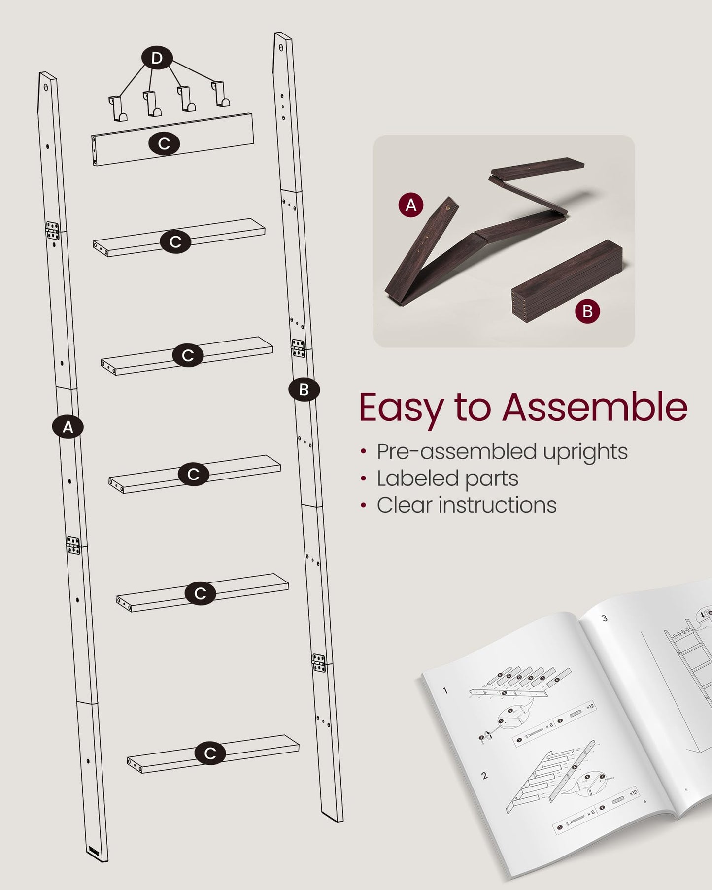 VASAGLE CUSTOS Collection - Blanket Ladder Shelf, 6-Tier Ladder Rack for Storage and Decor with 4 Removable Hooks, Decorative Farmhouse for the Living Room, Maroon Brown ULLS038K01