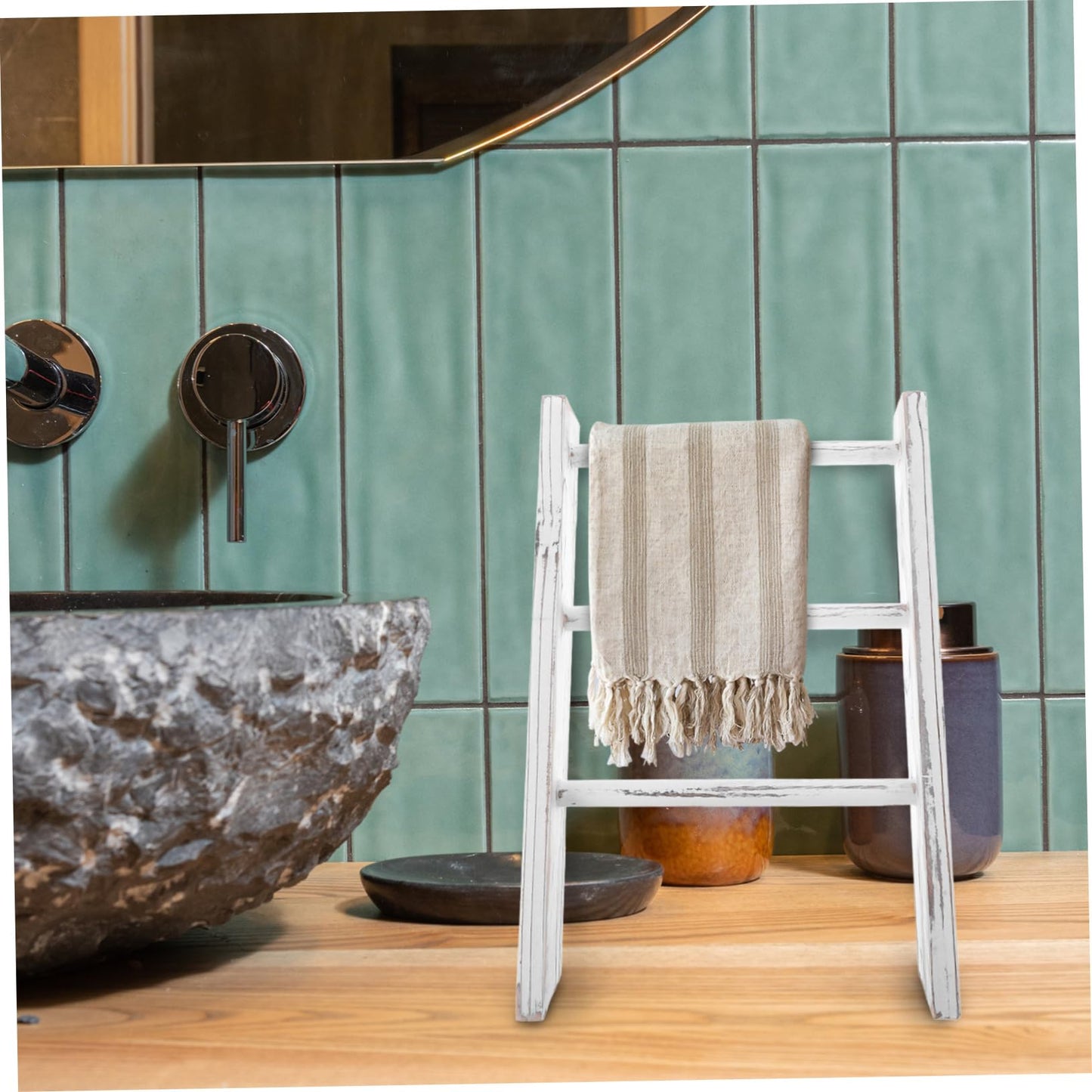 Luxshiny Miniature Small Ladder Decor Towel Rack Rustic Farmhouse Bathroom Hand Towel Holder Multipurpose Display Stand for Kitchen Counter and Bathroom Elegant White Finish