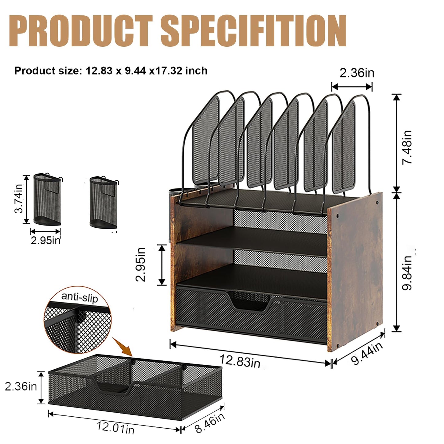 Boershun Wood Desk Organizer - 4-Tier Desktop File Organizer with Drawer, Wooden Paper Tray, Vertical File Holders & 2 Pencil Holders - Office Desk Organizer for Papers, Mail, Notebooks, Stationery
