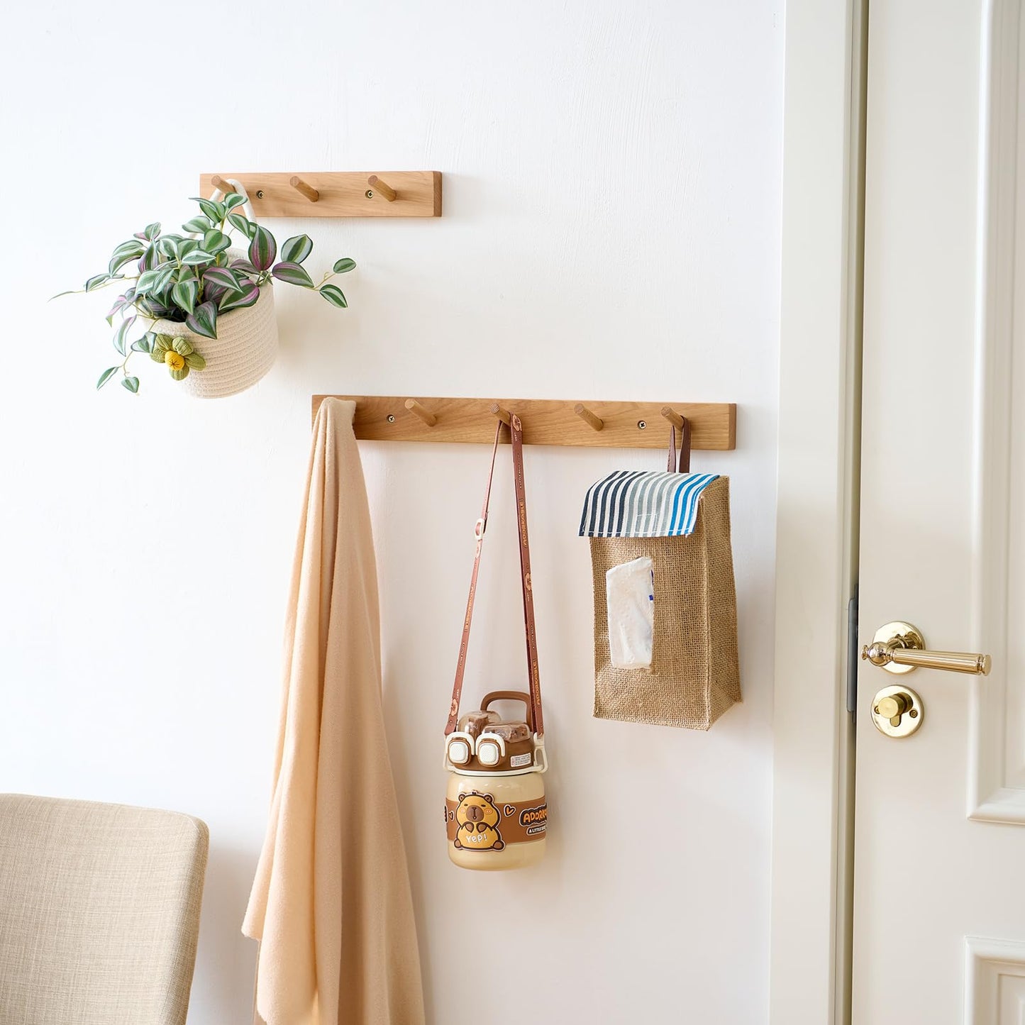 TRWISWDC Hickory Wood Coat Rack Wall Mount, 24 Inch Coat Hook Hanger Wooden Wall Coat Rack with 6 Hooks for Purse Clothes Towels Hats in Entryway Bedroom Bathroom, Natural