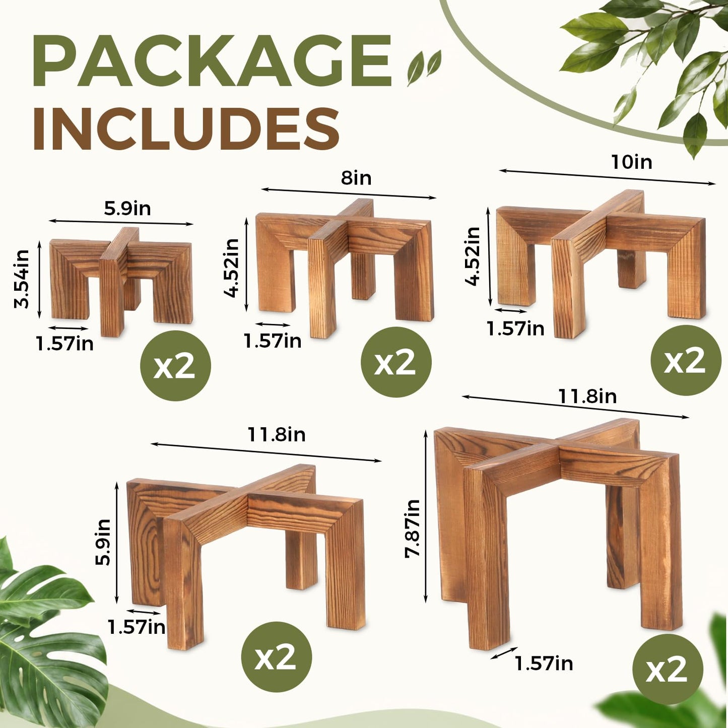 Marsui 10 Pack Wooden Plant Risers for Indoor 5 Sizes Plant Cross Leg Stand Set Carbonized Brown Solid Flower Pot Holders Display Stands for Living Room Balcony Farmhouse Decor (Pots Not Included)