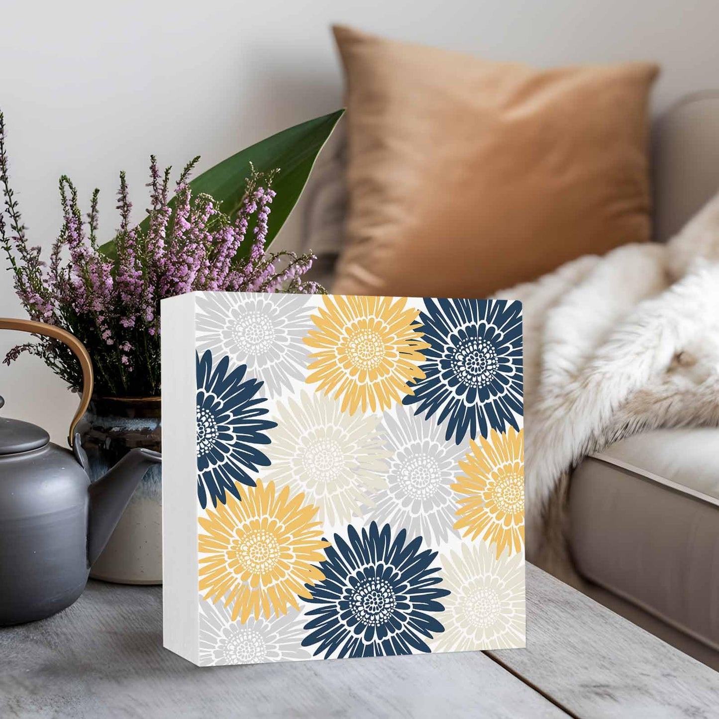 Navy Blue Gray Yellow Sunflowers Wood Box Sign Desk Decor, Abstract Blooming Floral Decorative Wooden Block Box Sign Decorations for Home Office Shelf Table Decor 6x6 Inches
