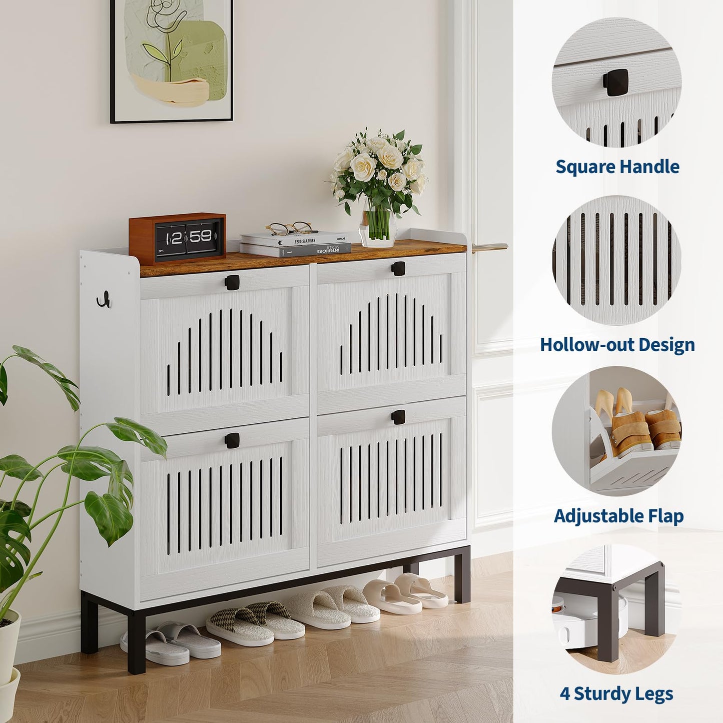 4-Door Flip Front Shoe Cabinet with Adjustable Shelves – Hidden Entryway Storage Organizer for Hallway, Foyer, Living Room – Freestanding Wooden Shoe Rack with Large Capacity & Modern Design, White