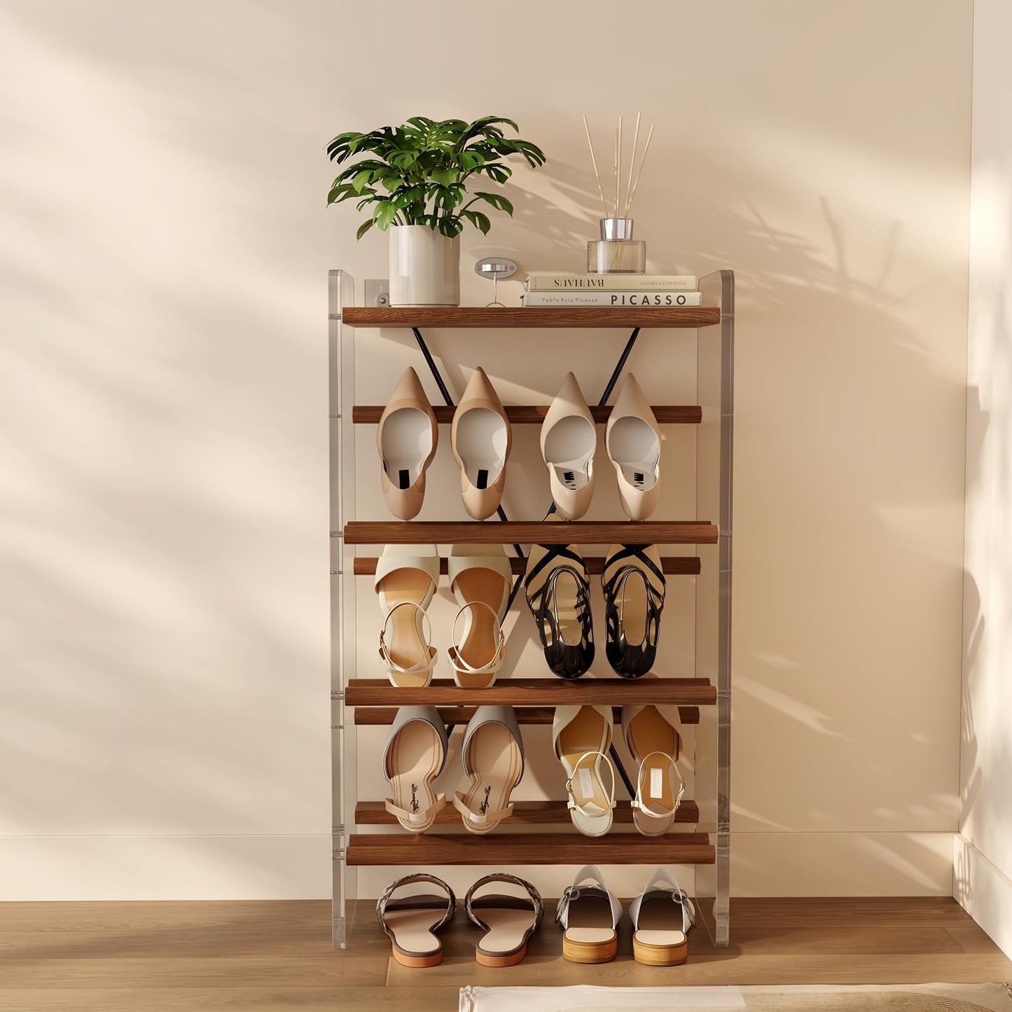 YQJJGL Shoe Rack, 4-Tier Slanted Shoe Shelf with Wooden Top Panel, Solid Wood and Acrylic Shoe Organizer Rack, Shoe Storage Rack Ideal for Entryway, Bedroom, Closet and Living Room (Walnut 19.5" W)