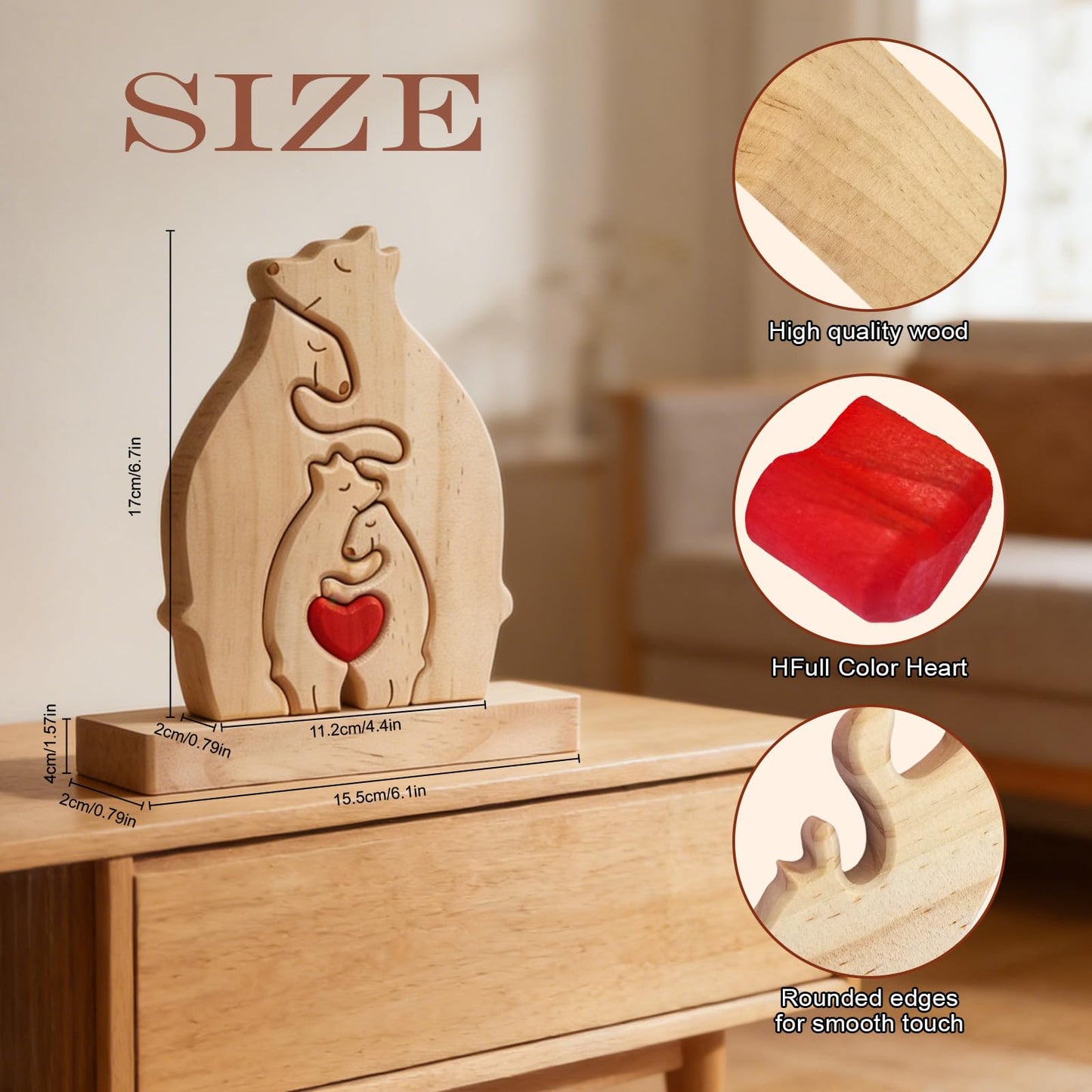 Personalized Wooden Bears Family Puzzle with Heart Decorations, Blank Bear Sculptures with Base for Home Decor, Housewarming Birthday Gift for Parents (4 Bears)