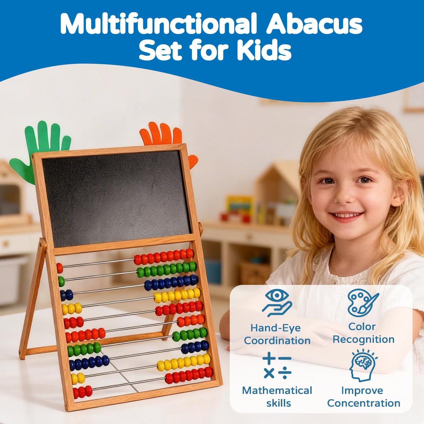 Wooden Abacus for Kids Math - Double-Sided Black/Whiteboard for Toddlers with 152 Magnetic Number & Fruit Cards, 100 Counting Sticks and Number Blocks Finger Counting Toys Homeschool Essentials