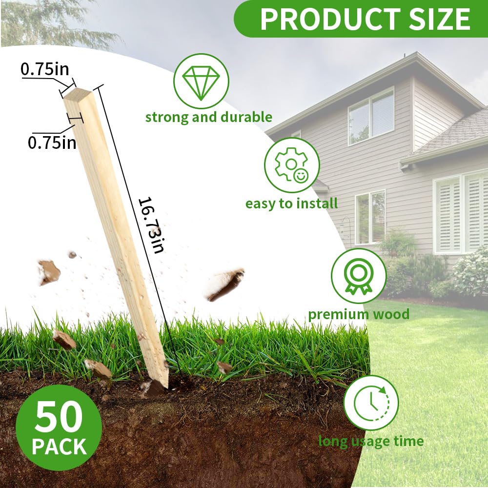 Layrslot 50 Pcs 16.7 Inch Wooden Garden Stakes, Wooden Stakes for Signs, Grade and Survey Stakes for Plant Support, Silt Fence, Farm Survey Boundaries, Baselines