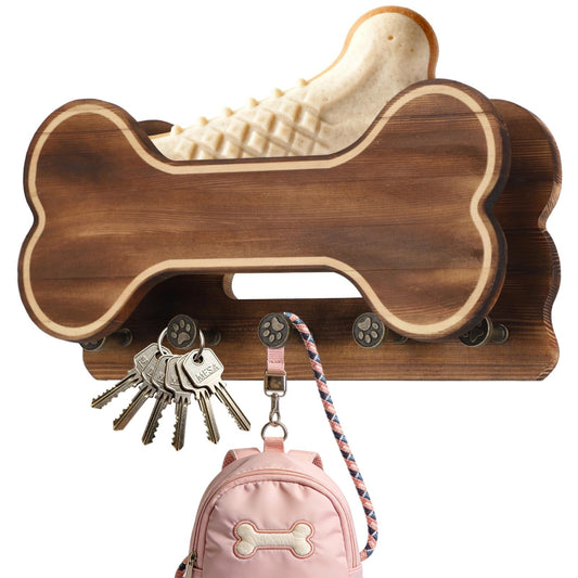 Doggie Bone Key Holder Wall Mount, Rustic Wooden Dog Leash Holder with 5 Hooks, Dog Stuff Storage Shelf, Pet Accessories Organizer for Entryway, Living Room, 11.8 x 6.1 x 3.1 in
