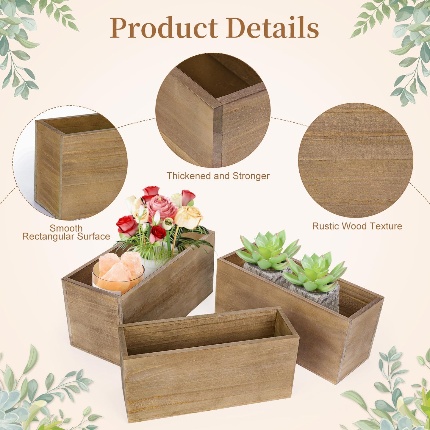 LEIFEOSH 6 Pcs Rustic Wooden Boxes for Storage, Decorative, Display, Arts & Crafts, Rectangle Wooden Crate Wood Planter Box Party Food Risers Wedding Table Centerpiece Home Decor, Brown