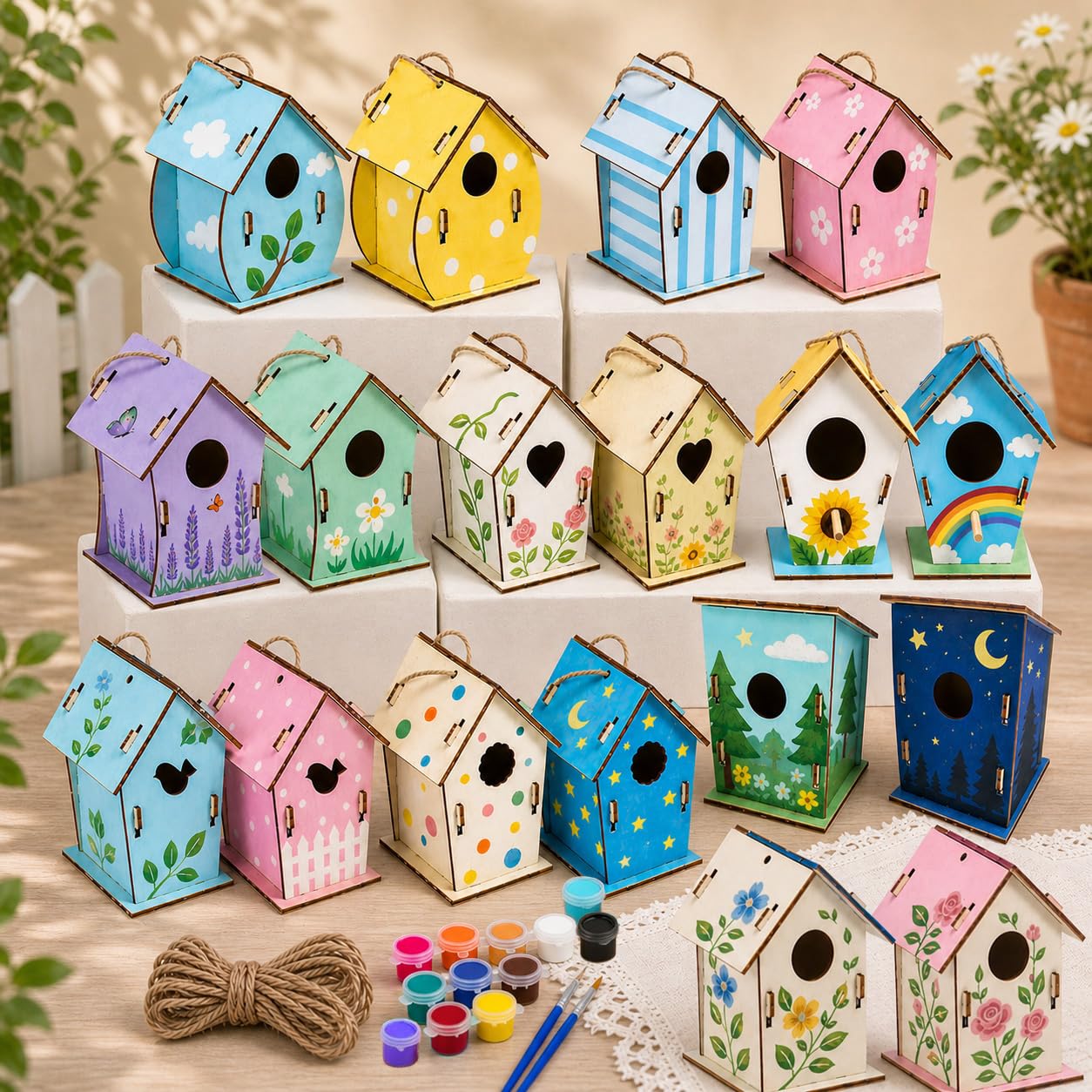 Bird House Kit, Wooden Bird Houses Craft Kits for Kids, 18 PCS DIY Painting Set with Paint Brushes Rope, Arts and Crafts for Kids Ages 6-12