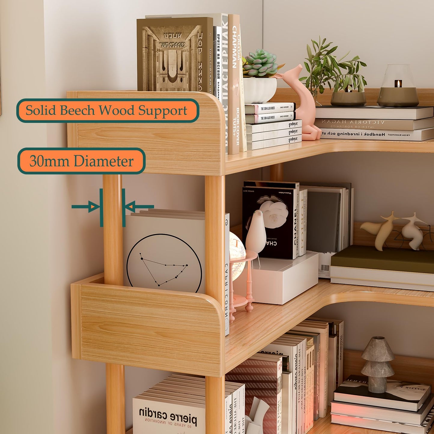 OSCHF Wooden Reversible Corner Bookshelf - Modern 4 Tiers L-Shaped Bookcase with Solid Wood Frame and Edge Protection for Home and Office, Open Storage Shelf, Oak
