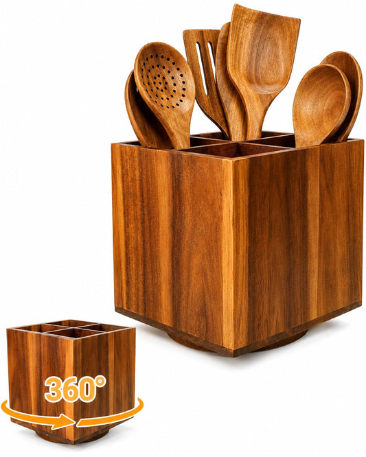LIGOMEDA Acacia Wood Rotating Utensil Holder for Kitchen Counter – 360° Large Wooden Organizer with 4 Compartments, Farmhouse Kitchen Countertop Storage for Cooking Utensils