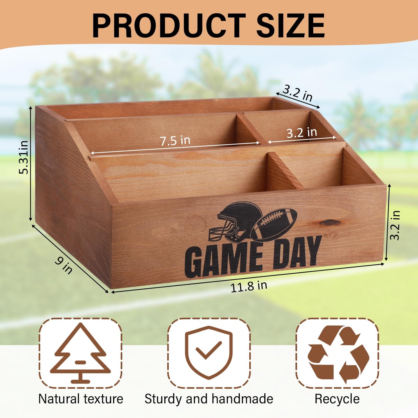 Colingmill Football Game Day Snack Tray, Wooden Reusable 5 Compartment Gift Basket Organizer, Popcorn Bucket Bowl Box for Game Day Party, Family Room, Home Theater, Sports Night Decorations